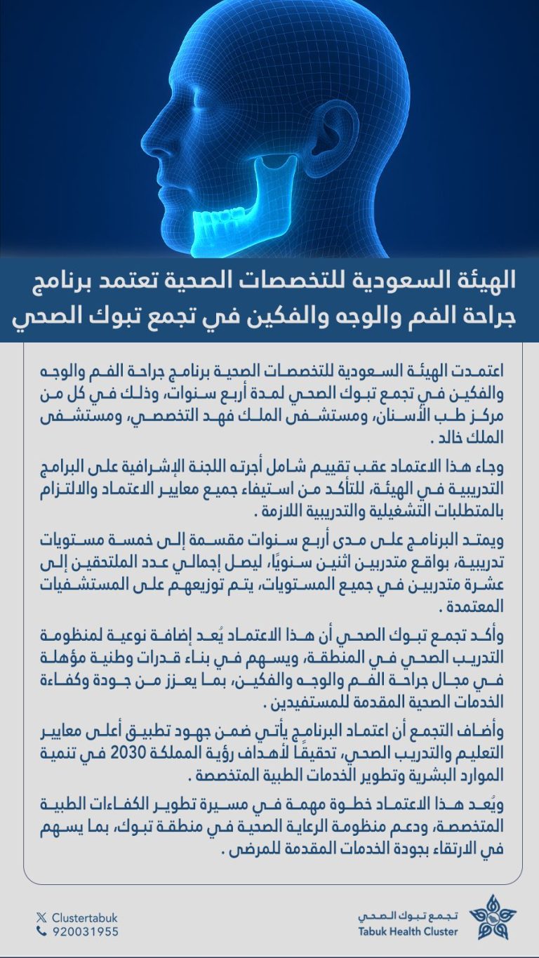 الهيئة السعودية للتخصصات الصحية تعتمد لتجمع تبوك الصحي برنامج جراحة الفم والوجه والفكين