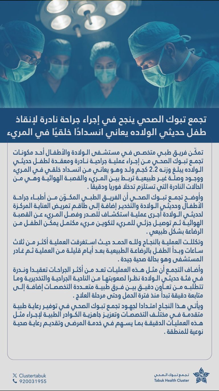 فريق طبي بمستشفى الولادة والأطفال ينجح في جراحة نادرة أنقذت حياة طفل حديثي الولادة يعاني انسدادًا خلقيًا في المريء
