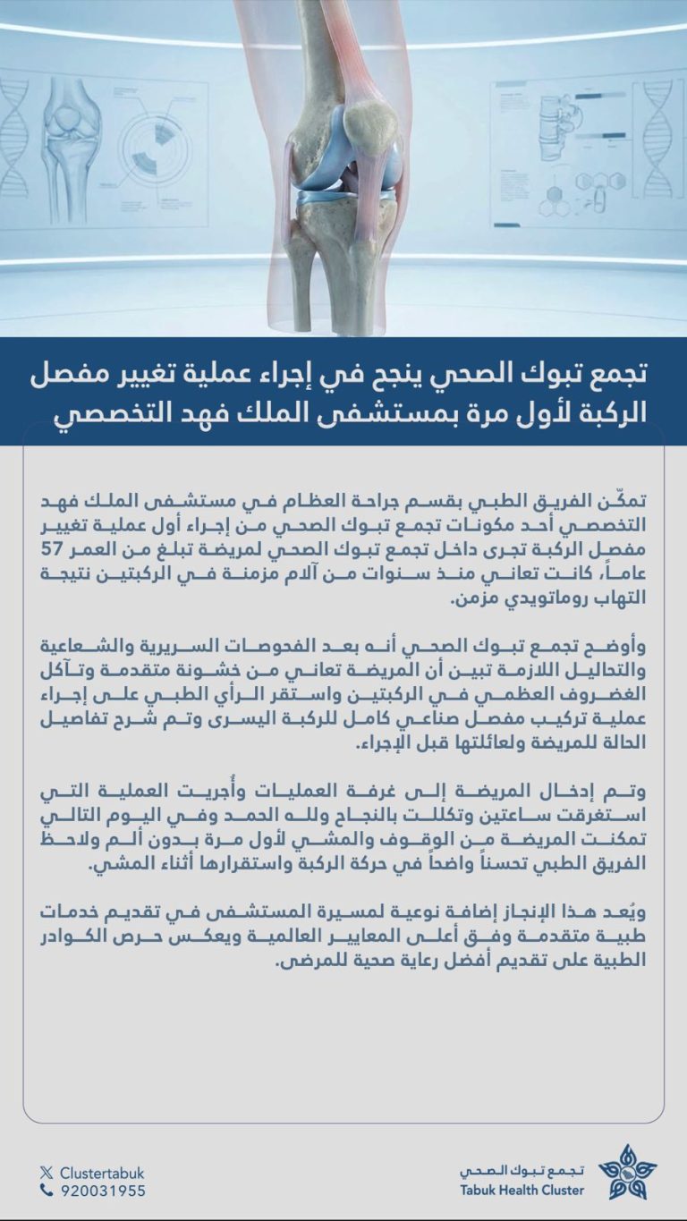 نجح تجمع تبوك الصحي في إجراء أول عملية تغيير مفصل الركبة لمريضة في مستشفى الملك فهد التخصصي