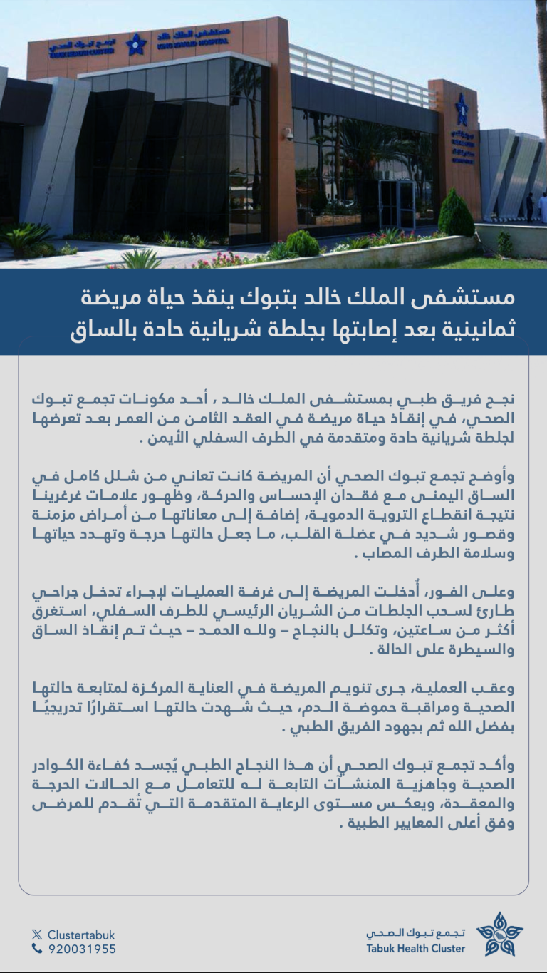 مستشفى الملك خالد ينقذ حياة مريضة ثمانينية بعد إصابتها بجلطة شريانية حادة بالساق