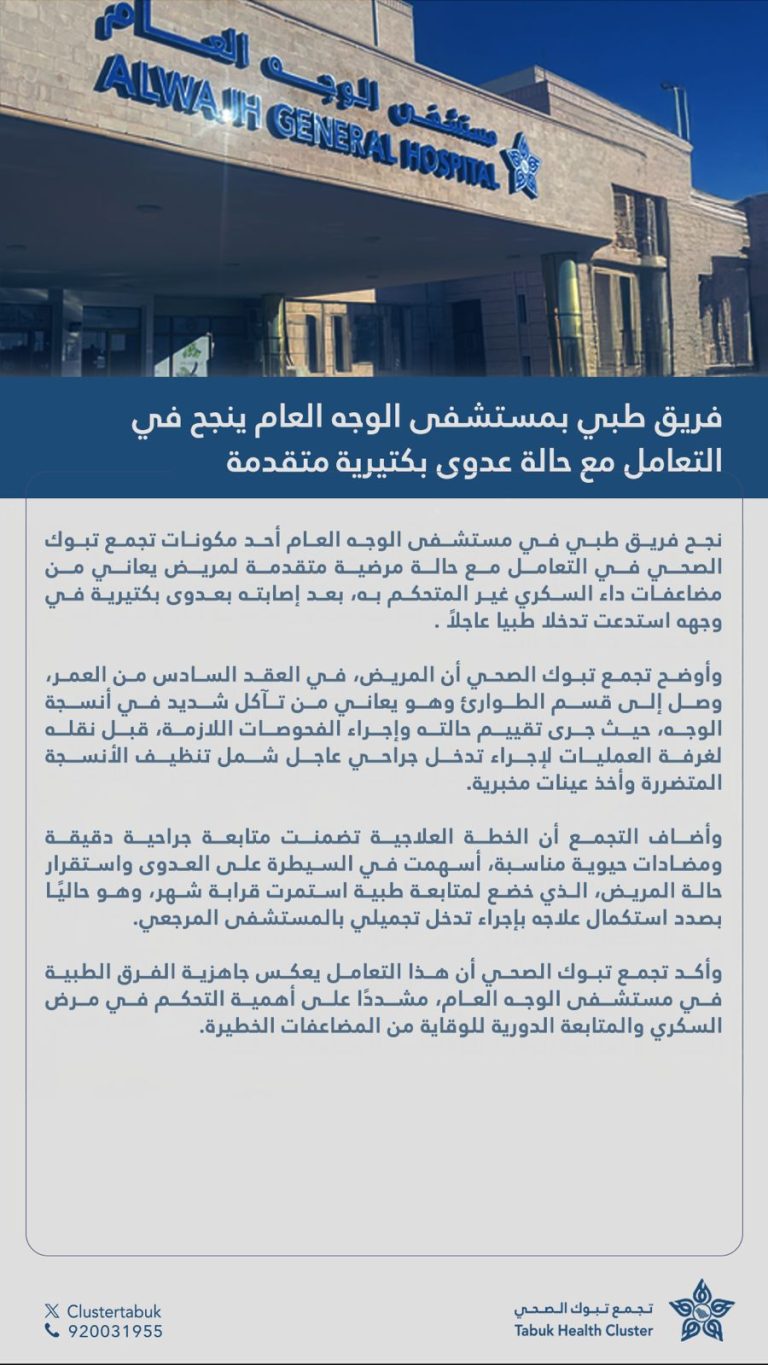 نجاح طبي لفريق مستشفى الوجه العام في التعامل مع عدوى بكتيرية متقدمة