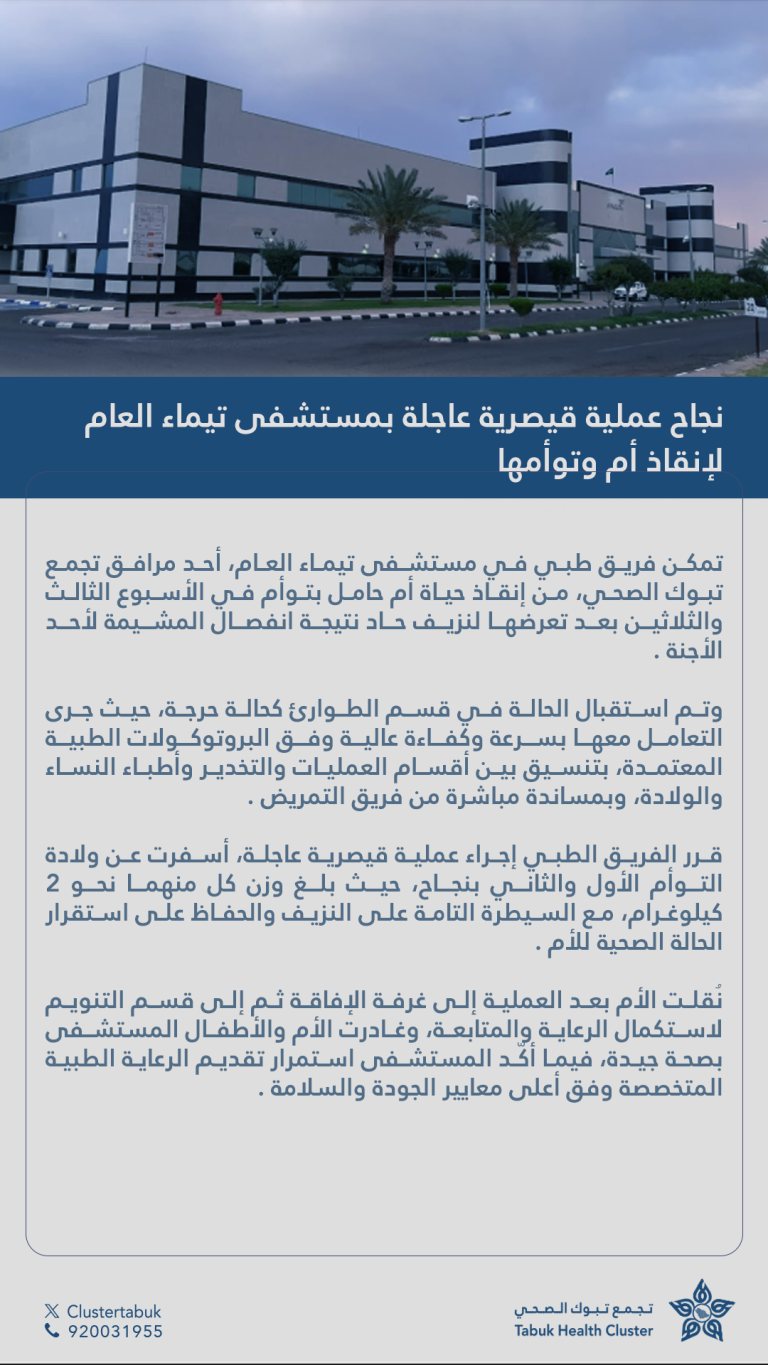 نجاح عملية قيصرية عاجلة بمستشفى تيماء العام لإنقاذ أم وتوأمها