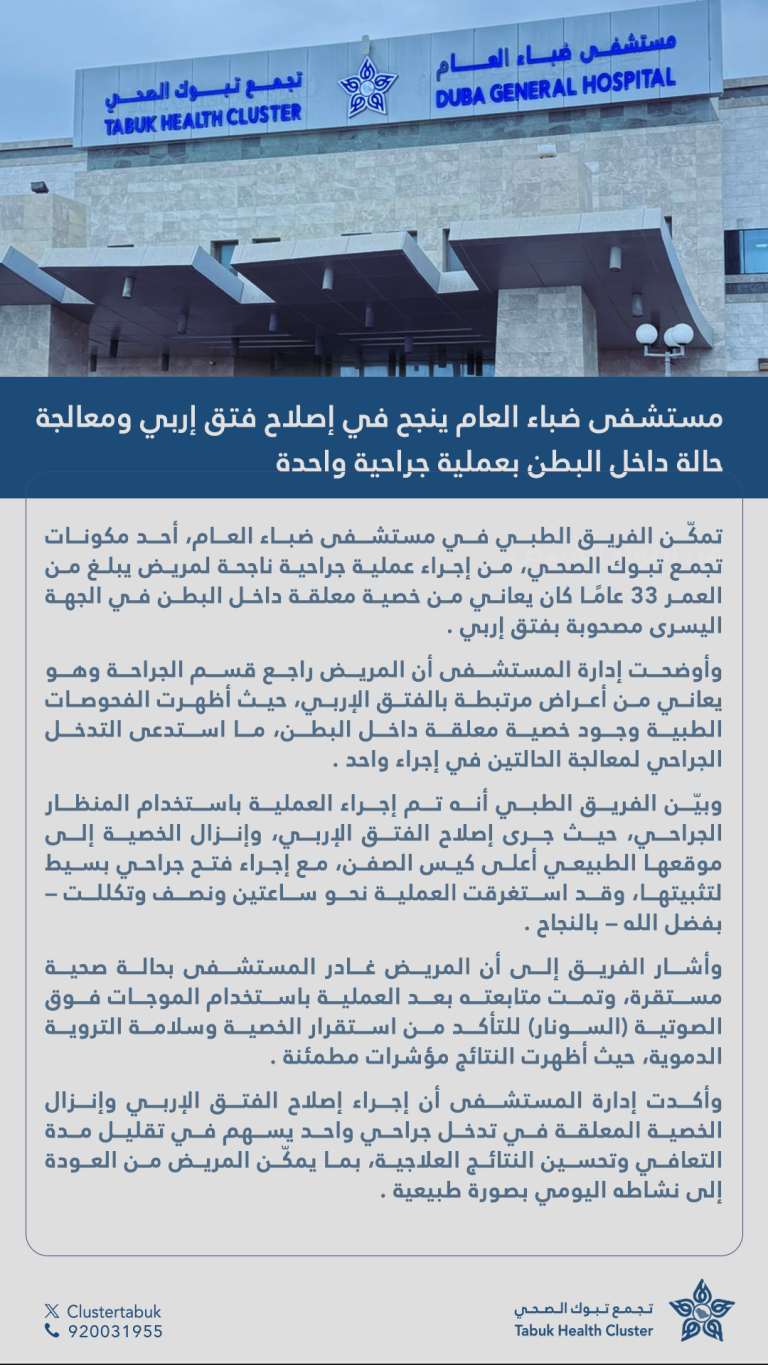 مستشفى ضباء العام ينجح في إصلاح فتق إربي ومعالجة حالة داخل البطن بعملية جراحية واحدة