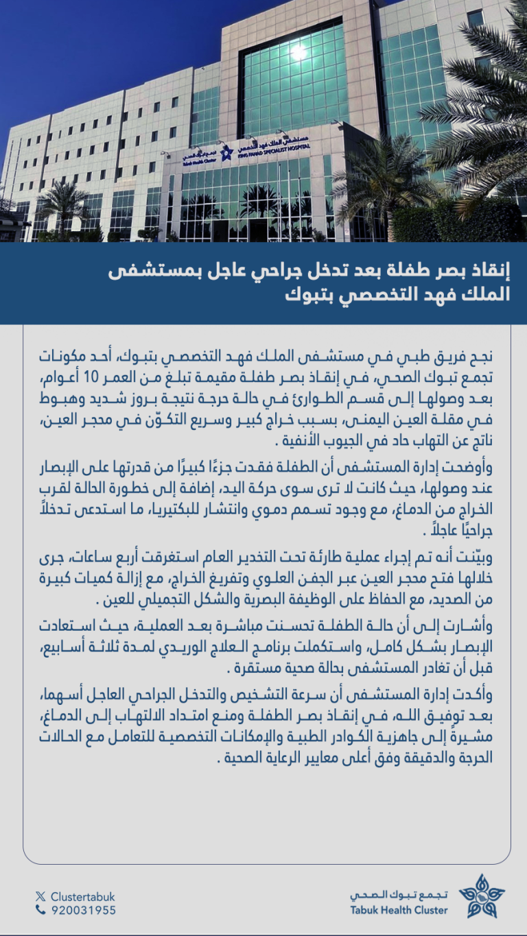 إنقاذ بصر طفلة بعد تدخل جراحي عاجل بمستشفى الملك فهد التخصصي