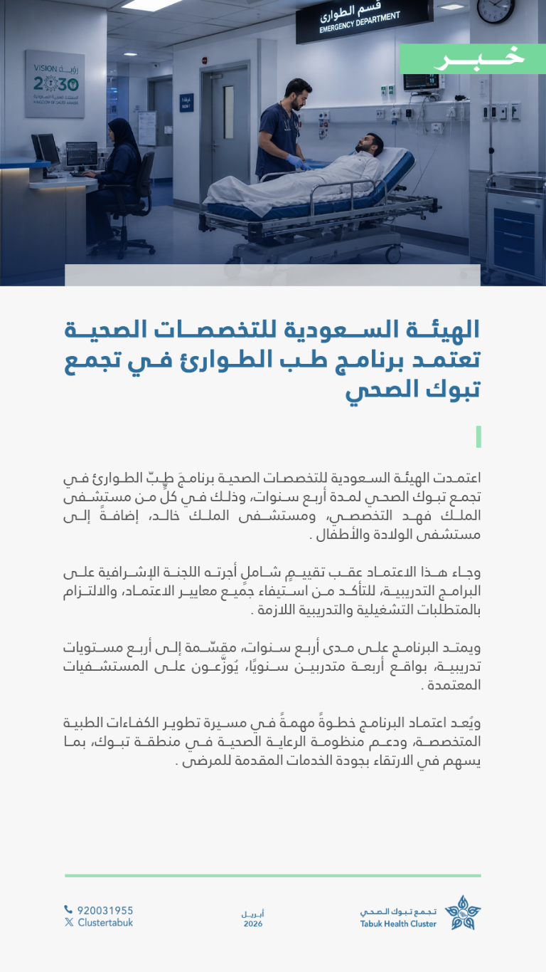 حصل تجمع تبوك الصحي على اعتماد الهيئة السعودية للتخصصات الصحية لبرنامج طب الطوارئ لمدة 4 سنوات بعد استيفائه جميع معايير التقييم البرامجي المعتمدة